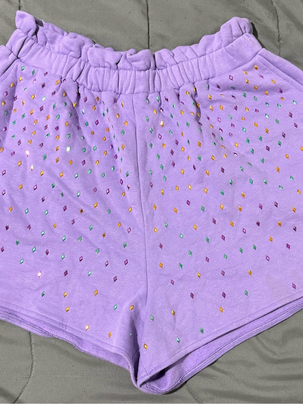 QUEEN OF SPARKLES Lavender Athletic Shorts with Multicolor Metallic Diamonds